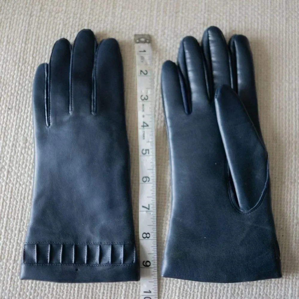 Vintage Navy Vinyl Leather Winter Retro Embossed Lined Women's Gloves